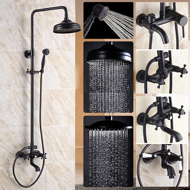 Antique Shower System Faucet Combo Set, 8" Rainfall Shower Head Kit with Handshower Wall Mounted, Brass Copper Black Electroplated Finish Vintage Style 2 Handles 3 Hole Bath Mixer Taps with Bodysprays