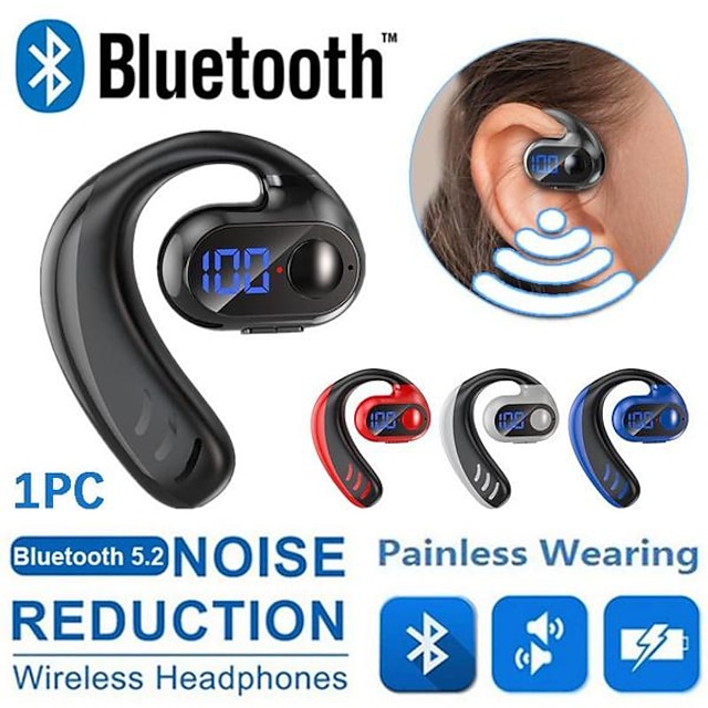 Painless Wear Business Bluetooth 5.2 Earphone Open Ear Single Ear Earhook Headphone Noise Cancelling Stereo Headset Handsfree Sports Earbuds with Power LED Digital Display