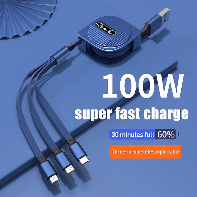 Multi Charging Cable 3.9ft USB A to Lightning / micro / USB C 3 A Fast Charging 3 in 1 Magnetic 540 Rotation For iPhone Phone Accessory