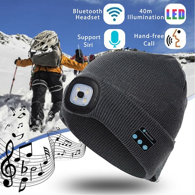 Bluetooth Beanie Hat with Lights Microphones Rechargeable Headlamp Cap Headphones Gifts for Men Women Dad Teen