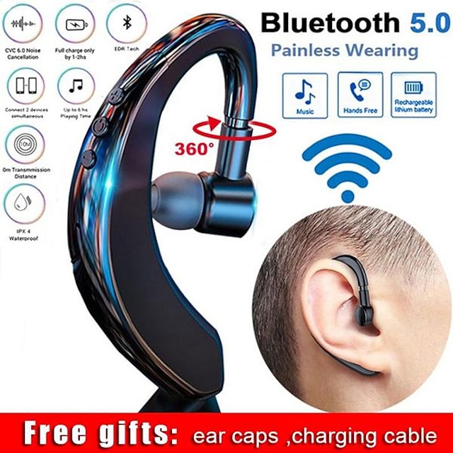 Bluetooth5.0 Headphone, Long Standby Business Earphone with Microphone, Waterproof Sport Bluetooth Headset, Noise Cancelling Earhook Earbuds for IOS Android Windows Smartphone